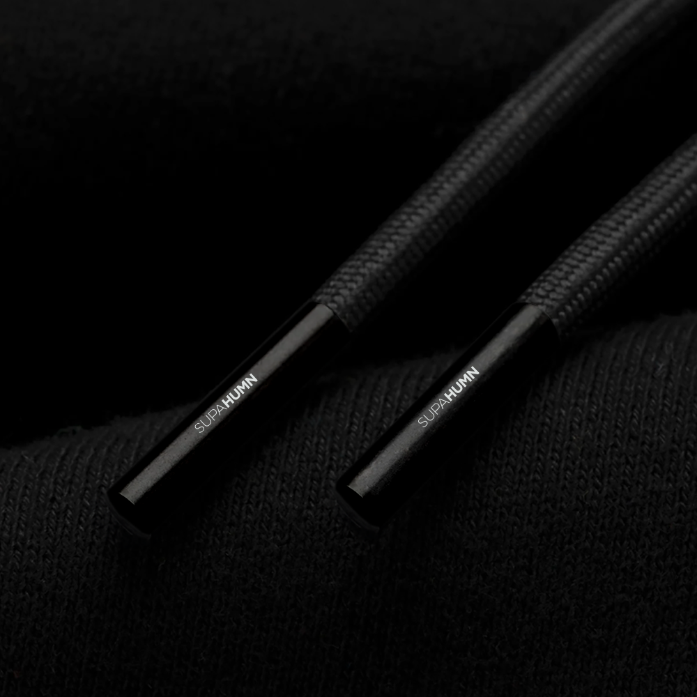 SUPAHUMN Black Custom Hoodie - Drawstring Aglet Detail - Quality Custom Clothing South Africa