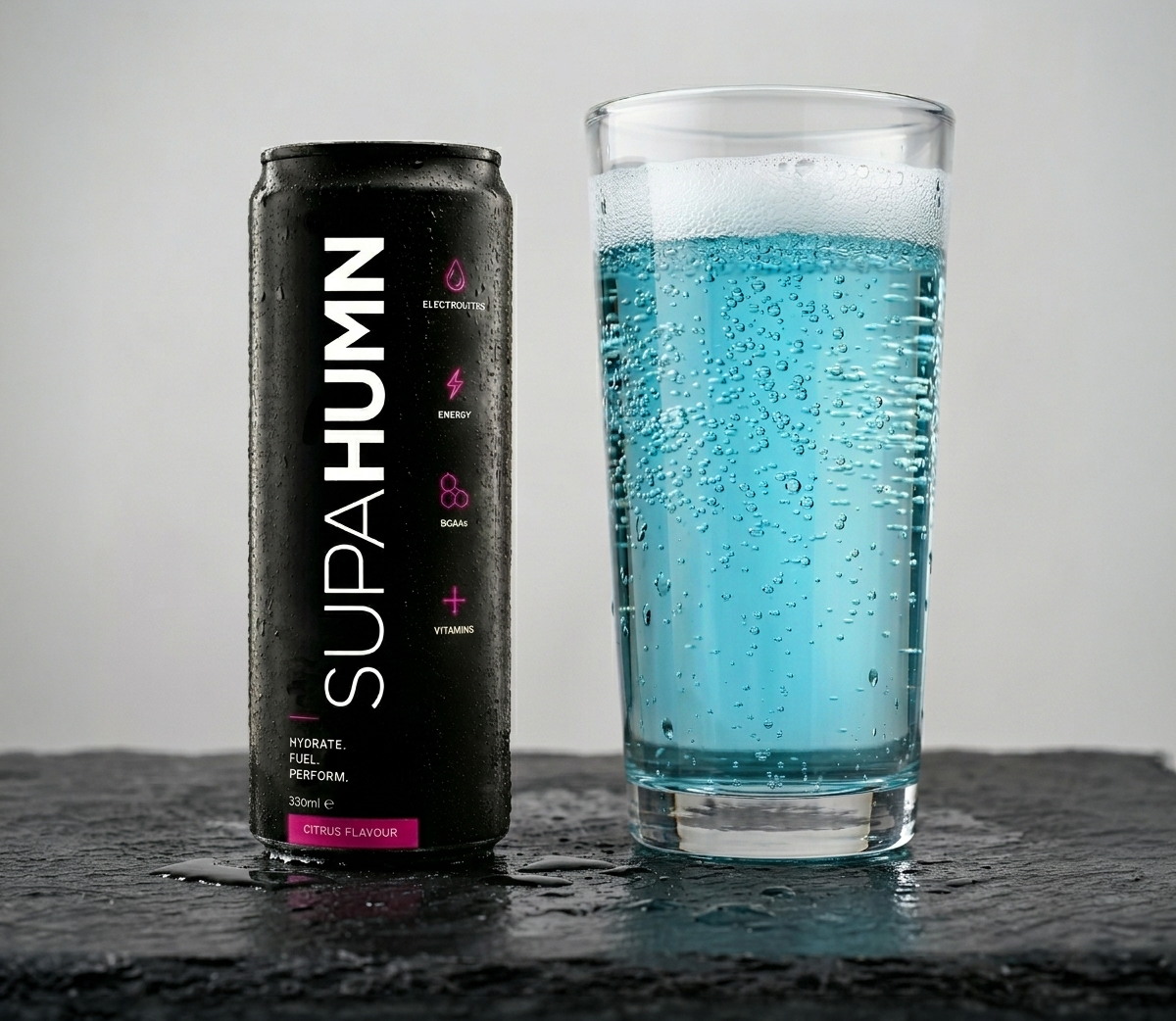 SUPAHUMN SUPACAN Sparkling Energy - Poured Into Glass - Premium Natural Energy Drink South Africa